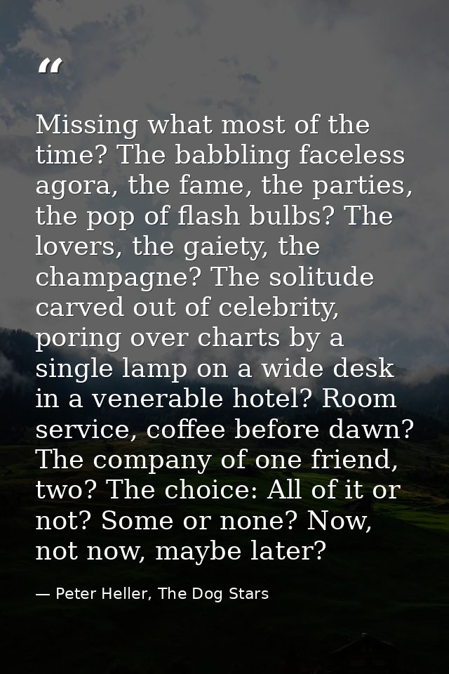 Missing what most of the time? The babbling faceless agora, the fame, the parties, the pop of flash bulbs? The lovers, t — Peter Heller, The Dog Stars