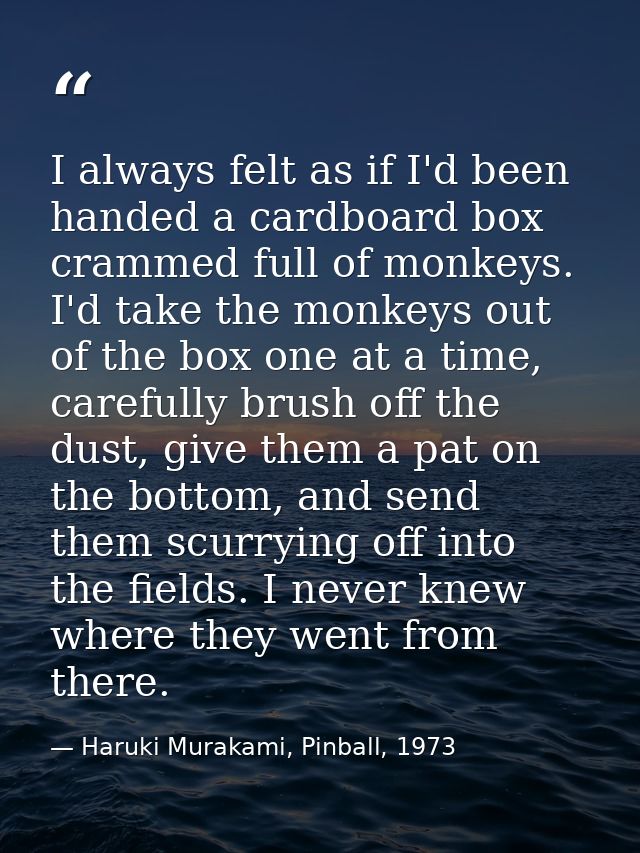 I always felt as if I'd been handed a cardboard box crammed full of monkeys. I'd take the monkeys out of the box one at  — Haruki Murakami, Pinball, 1973