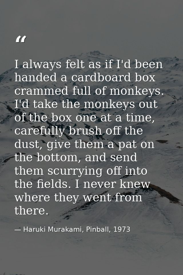 I always felt as if I'd been handed a cardboard box crammed full of monkeys. I'd take the monkeys out of the box one at  — Haruki Murakami, Pinball, 1973