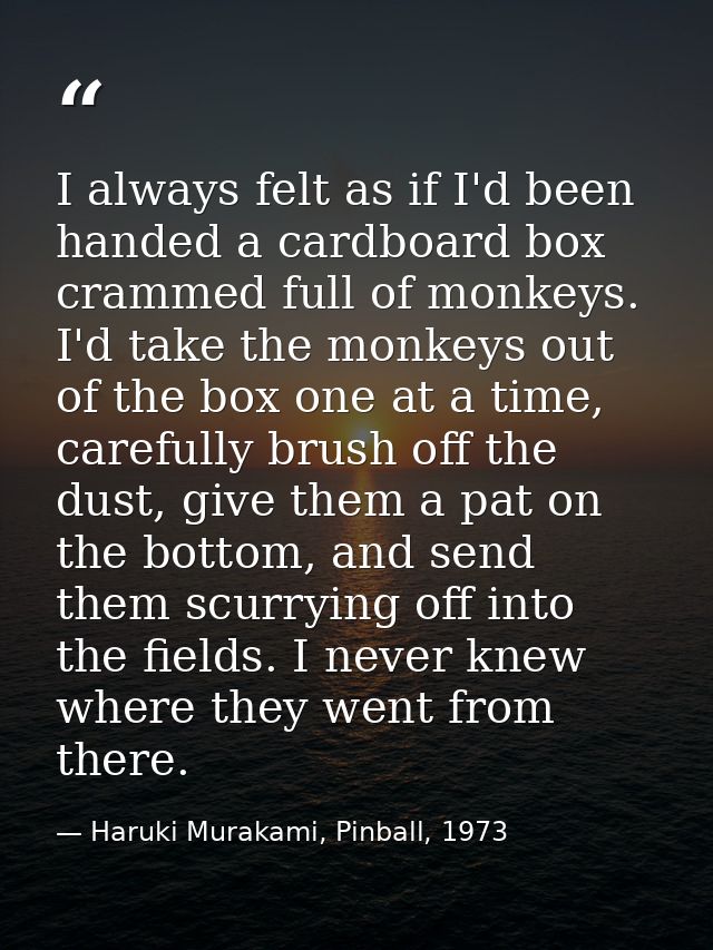 I always felt as if I'd been handed a cardboard box crammed full of monkeys. I'd take the monkeys out of the box one at  — Haruki Murakami, Pinball, 1973