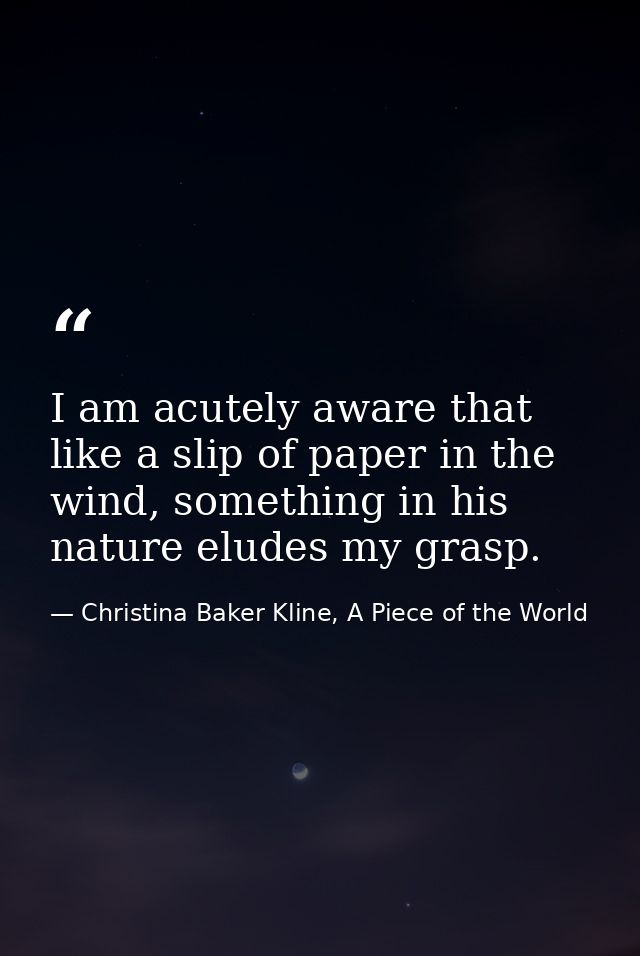 I am acutely aware that like a slip of paper in the wind, something in his nature eludes my grasp. — Christina Baker Kline, A Piece of the World