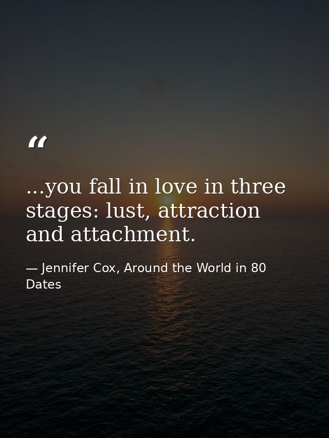 ...you fall in love in three stages: lust, attraction and attachment. — Jennifer Cox, Around the World in 80 Dates