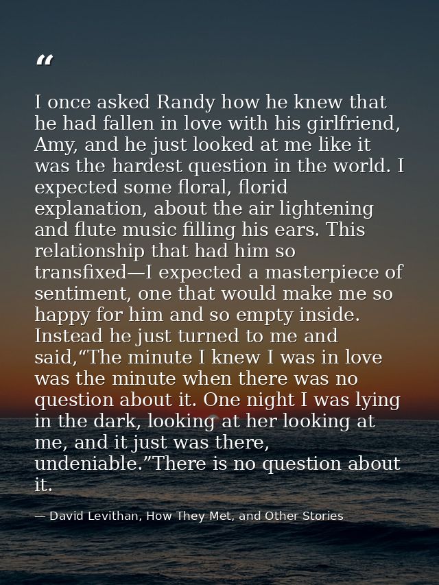 I once asked Randy how he knew that he had fallen in love with his girlfriend, Amy, and he just looked at me like it was — David Levithan, How They Met, and Other Stories