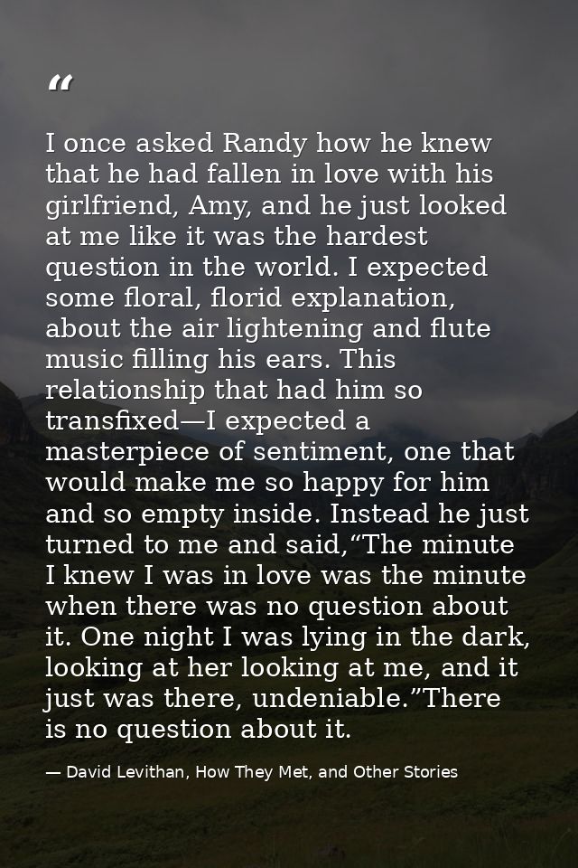 I once asked Randy how he knew that he had fallen in love with his girlfriend, Amy, and he just looked at me like it was — David Levithan, How They Met, and Other Stories