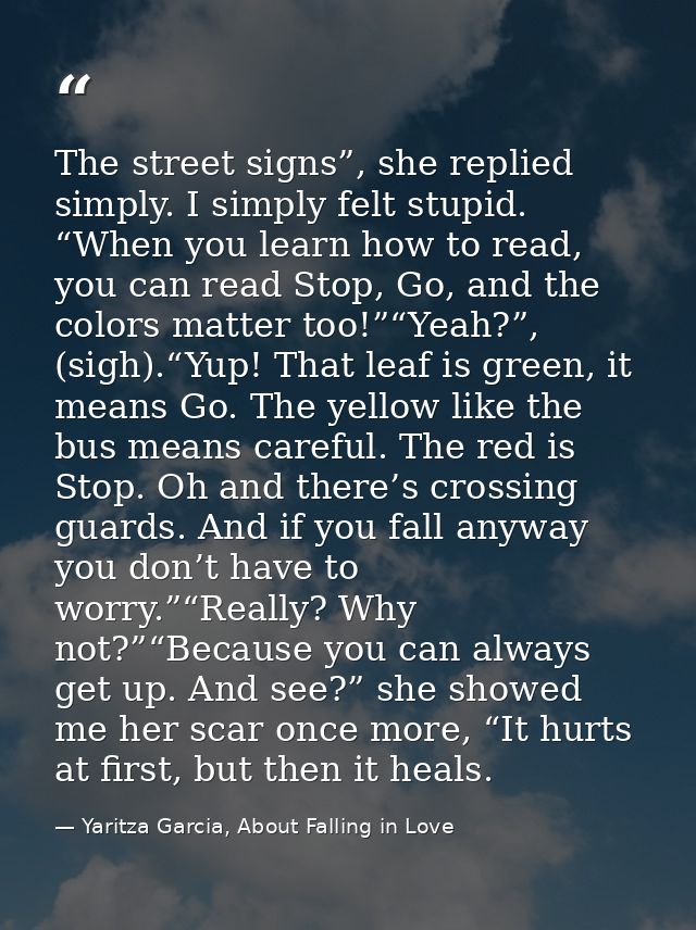 The street signs”, she replied simply. I simply felt stupid. “When you learn how to read, you can read Stop, Go, and the — Yaritza Garcia, About Falling in Love