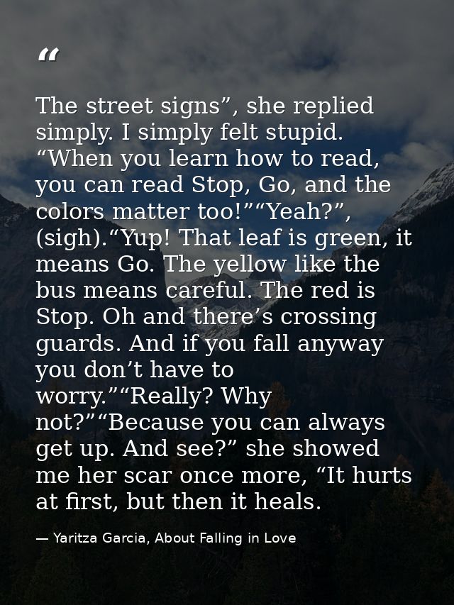 The street signs”, she replied simply. I simply felt stupid. “When you learn how to read, you can read Stop, Go, and the — Yaritza Garcia, About Falling in Love