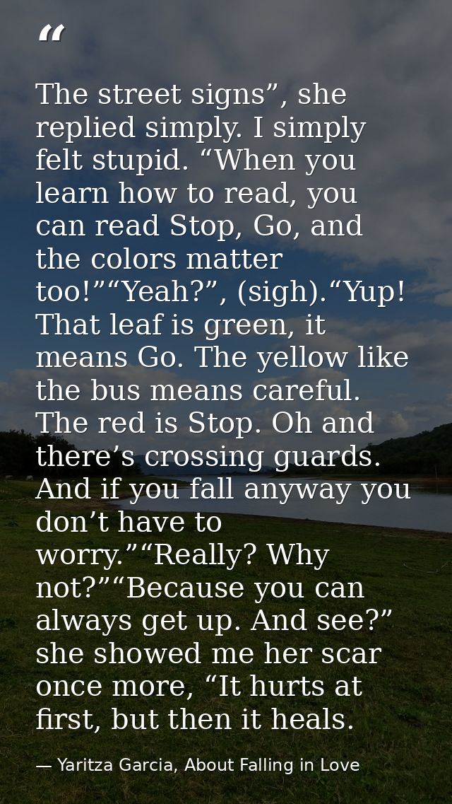 The street signs”, she replied simply. I simply felt stupid. “When you learn how to read, you can read Stop, Go, and the — Yaritza Garcia, About Falling in Love