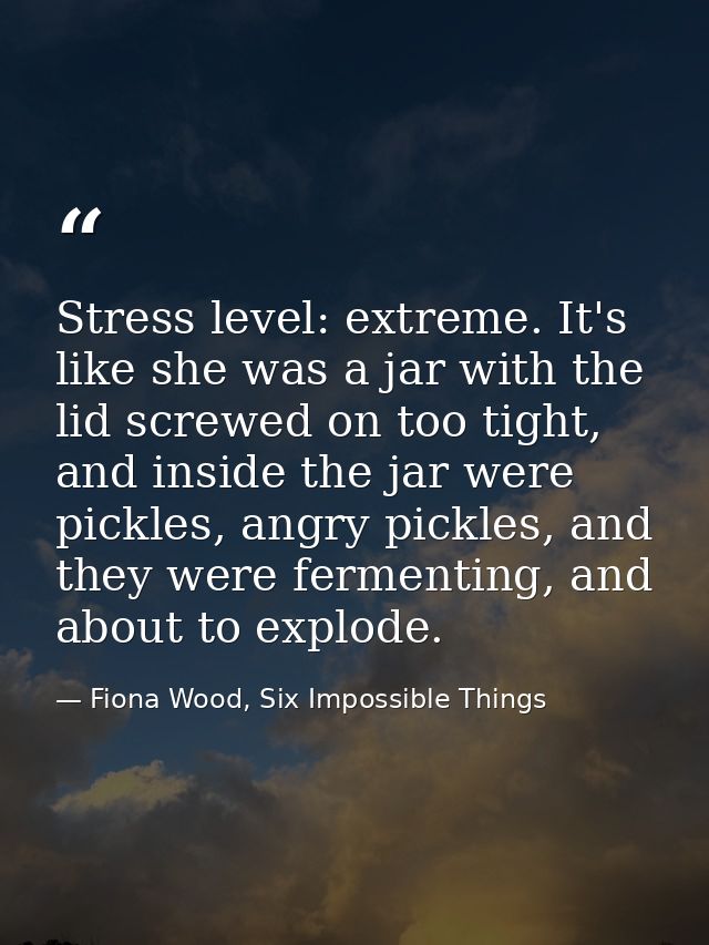 Stress level: extreme. It's like she was a jar with the lid screwed on too tight, and inside the jar were pickles, angry — Fiona Wood, Six Impossible Things