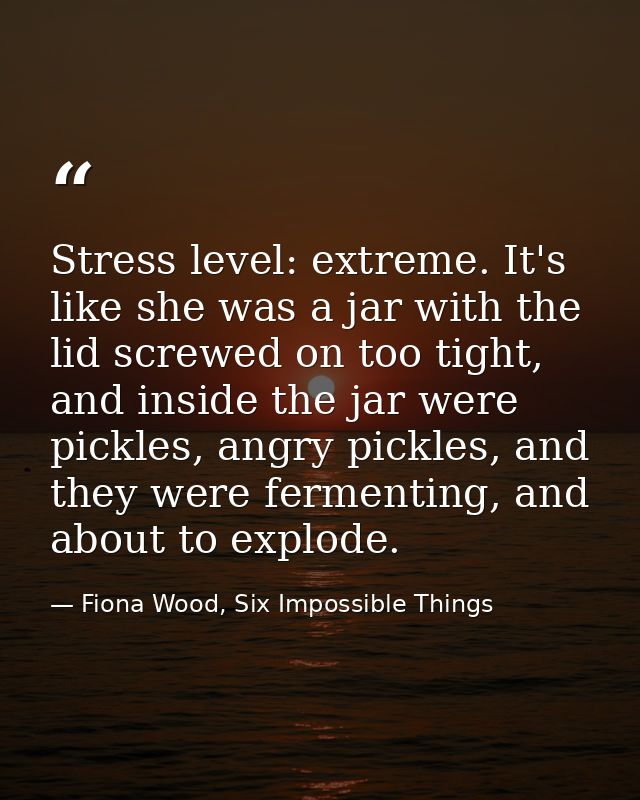 Stress level: extreme. It's like she was a jar with the lid screwed on too tight, and inside the jar were pickles, angry — Fiona Wood, Six Impossible Things