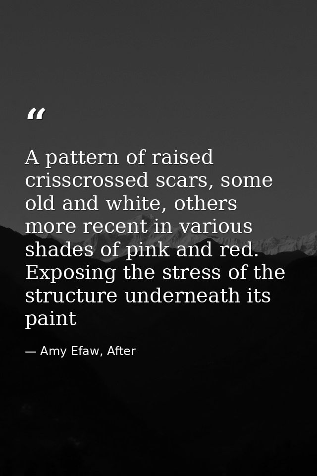 A pattern of raised crisscrossed scars, some old and white, others more recent in various shades of pink and red. Exposi — Amy Efaw, After