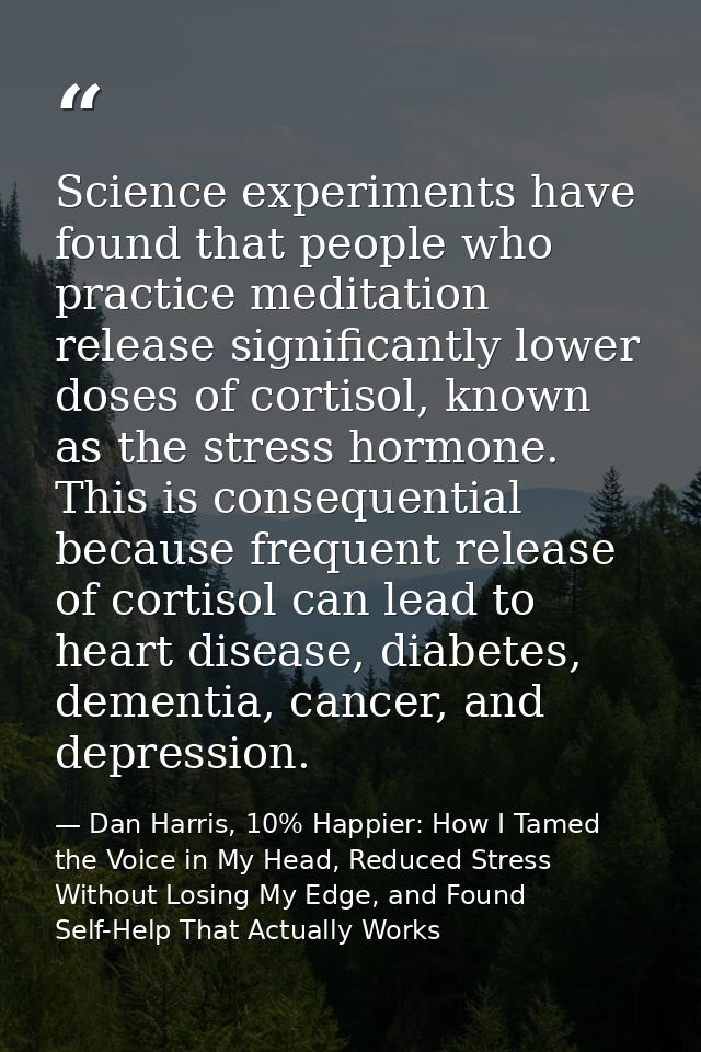 Science experiments have found that people who practice meditation release significantly lower doses of cortisol, known  — Dan Harris, 10% Happier: How I Tamed the Voice in My Head, Reduced Stress Without Losing My Edge, and Found Self-Help That Actually Works