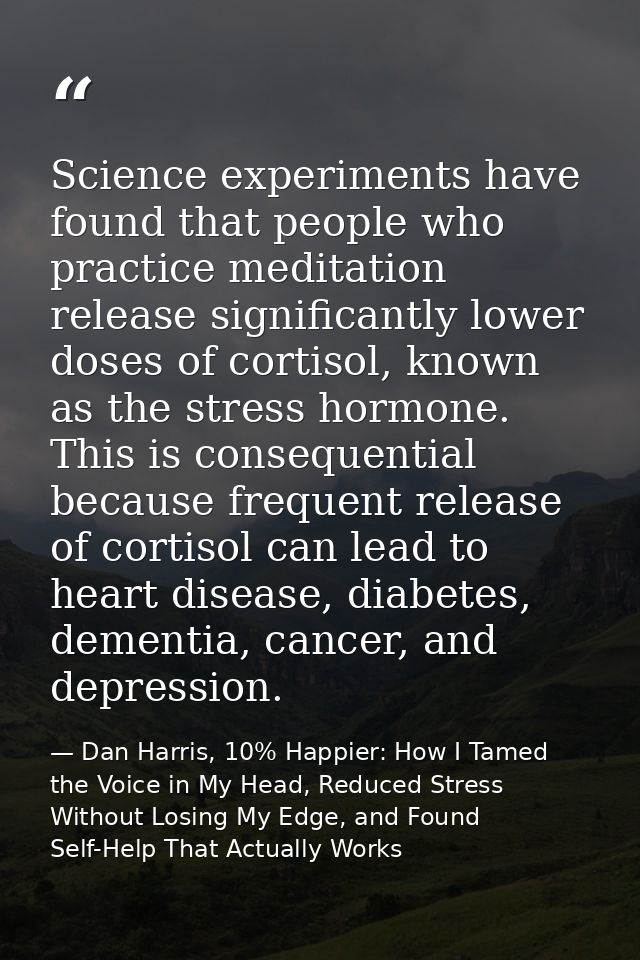 Science experiments have found that people who practice meditation release significantly lower doses of cortisol, known  — Dan Harris, 10% Happier: How I Tamed the Voice in My Head, Reduced Stress Without Losing My Edge, and Found Self-Help That Actually Works