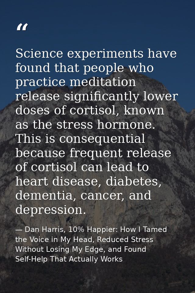Science experiments have found that people who practice meditation release significantly lower doses of cortisol, known  — Dan Harris, 10% Happier: How I Tamed the Voice in My Head, Reduced Stress Without Losing My Edge, and Found Self-Help That Actually Works