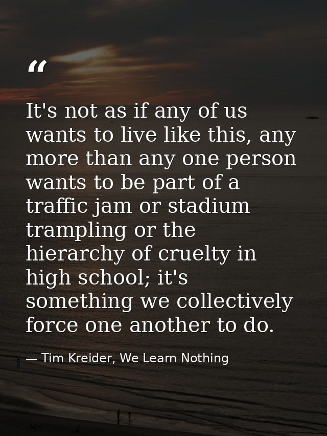 It's not as if any of us wants to live like this, any more than any one person wants to be part of a traffic jam or stad — Tim Kreider, We Learn Nothing