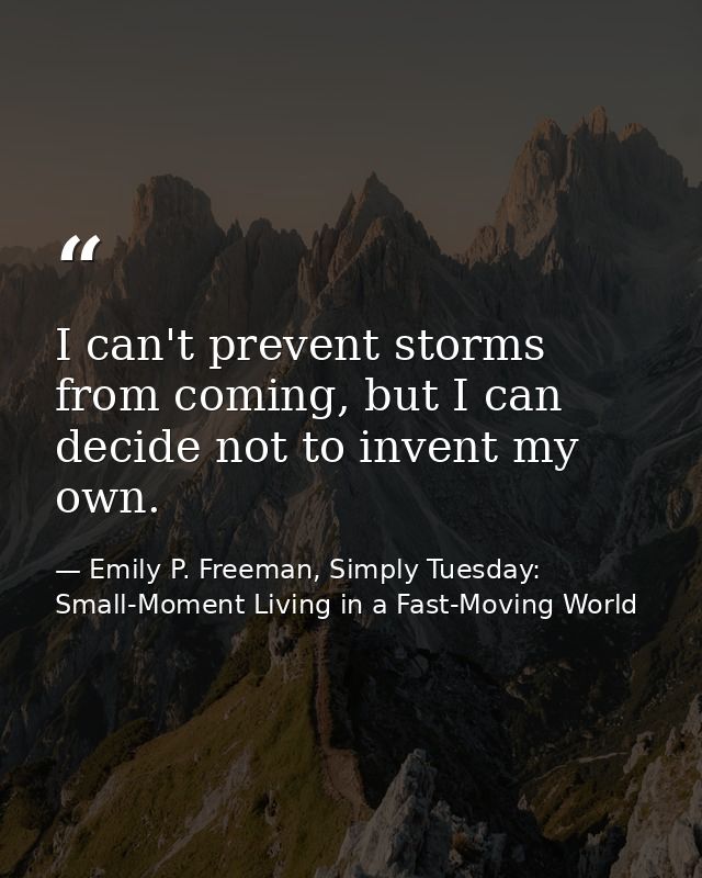 I can't prevent storms from coming, but I can decide not to invent my own. — Emily P. Freeman, Simply Tuesday: Small-Moment Living in a Fast-Moving World