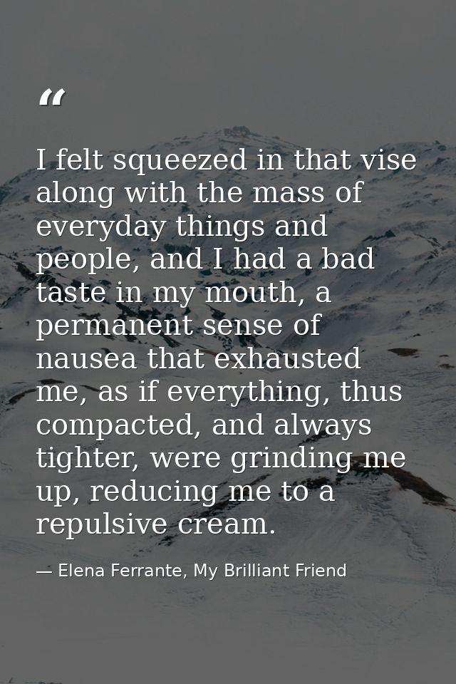I felt squeezed in that vise along with the mass of everyday things and people, and I had a bad taste in my mouth, a per — Elena Ferrante, My Brilliant Friend