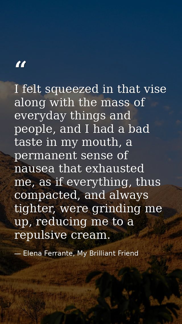 I felt squeezed in that vise along with the mass of everyday things and people, and I had a bad taste in my mouth, a per — Elena Ferrante, My Brilliant Friend