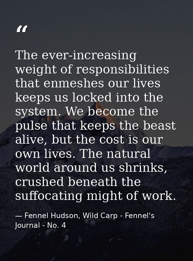 The ever-increasing weight of responsibilities that enmeshes our lives keeps us locked into the system. We become the pu — Fennel Hudson, Wild Carp - Fennel's Journal - No. 4