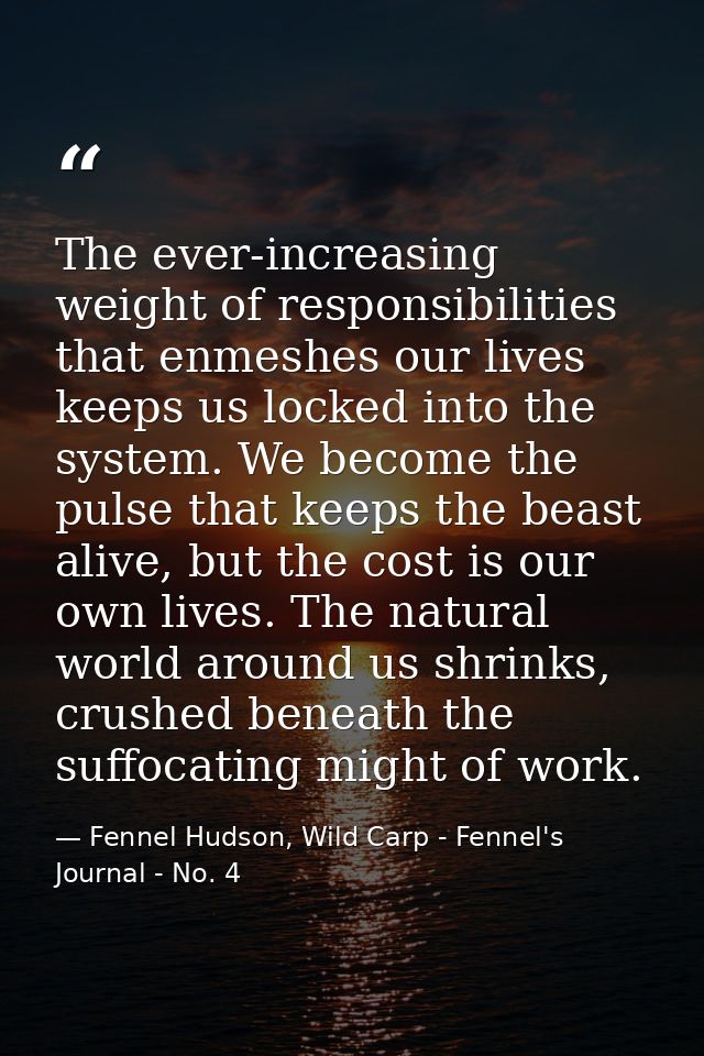The ever-increasing weight of responsibilities that enmeshes our lives keeps us locked into the system. We become the pu — Fennel Hudson, Wild Carp - Fennel's Journal - No. 4