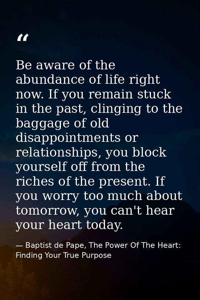 Be aware of the abundance of life right now. If you remain stuck in the past, clinging to the baggage of old disappointm — Baptist de Pape, The Power Of The Heart: Finding Your True Purpose