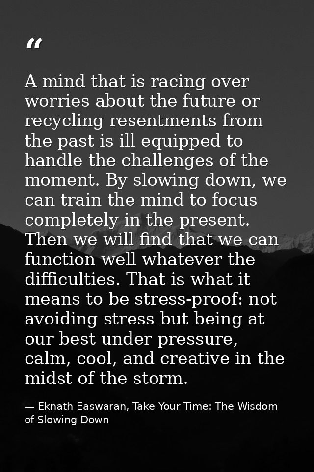 A mind that is racing over worries about the future or recycling resentments from the past is ill equipped to handle the — Eknath Easwaran, Take Your Time: The Wisdom of Slowing Down