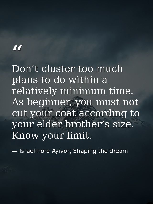 Don’t cluster too much plans to do within a relatively minimum time. As beginner, you must not cut your coat according t — Israelmore Ayivor, Shaping the dream