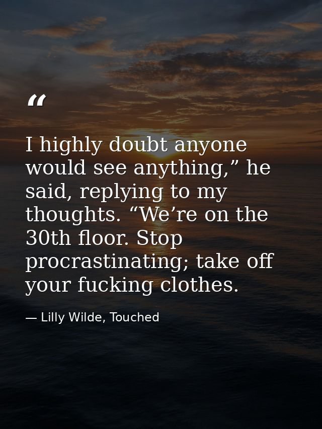 I highly doubt anyone would see anything,” he said, replying to my thoughts. “We’re on the 30th floor. Stop procrastinat — Lilly Wilde, Touched