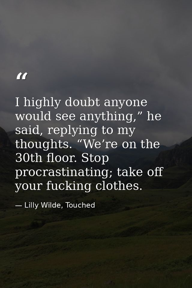 I highly doubt anyone would see anything,” he said, replying to my thoughts. “We’re on the 30th floor. Stop procrastinat — Lilly Wilde, Touched
