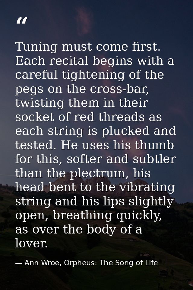 Tuning must come first. Each recital begins with a careful tightening of the pegs on the cross-bar, twisting them in the — Ann Wroe, Orpheus: The Song of Life