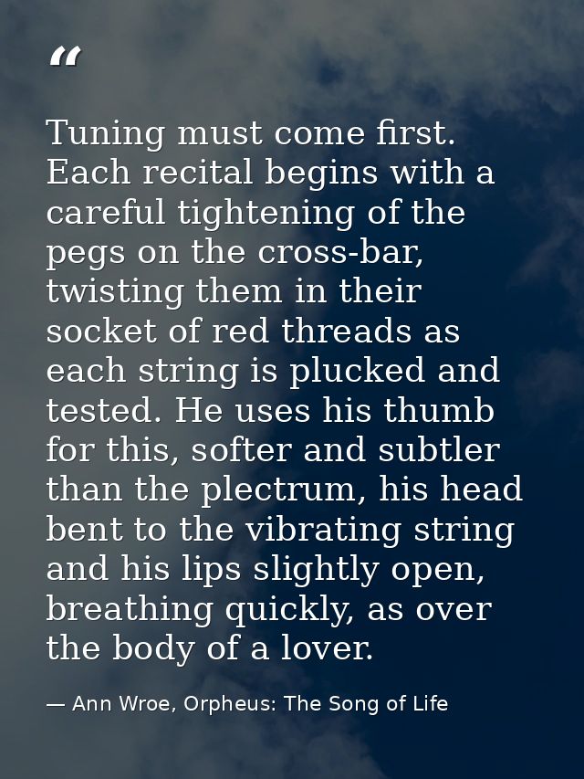 Tuning must come first. Each recital begins with a careful tightening of the pegs on the cross-bar, twisting them in the — Ann Wroe, Orpheus: The Song of Life