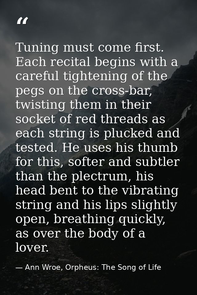 Tuning must come first. Each recital begins with a careful tightening of the pegs on the cross-bar, twisting them in the — Ann Wroe, Orpheus: The Song of Life