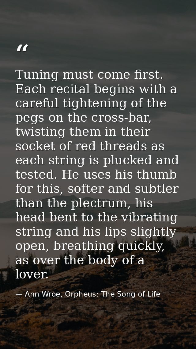 Tuning must come first. Each recital begins with a careful tightening of the pegs on the cross-bar, twisting them in the — Ann Wroe, Orpheus: The Song of Life