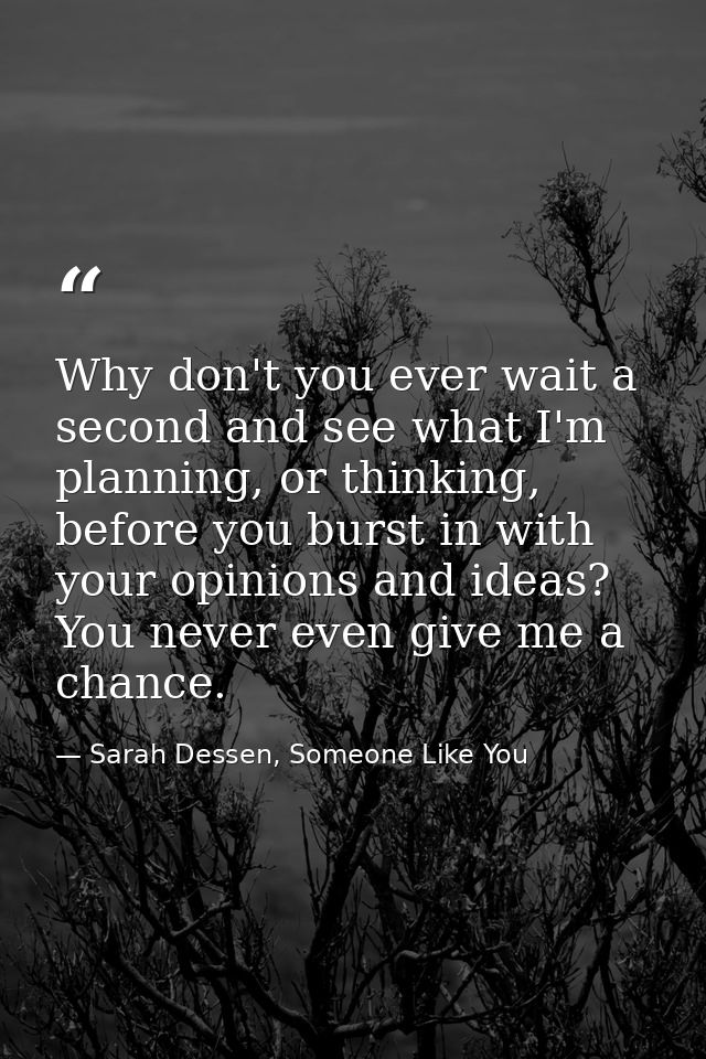 Why don't you ever wait a second and see what I'm planning, or thinking, before you burst in with your opinions and idea — Sarah Dessen, Someone Like You