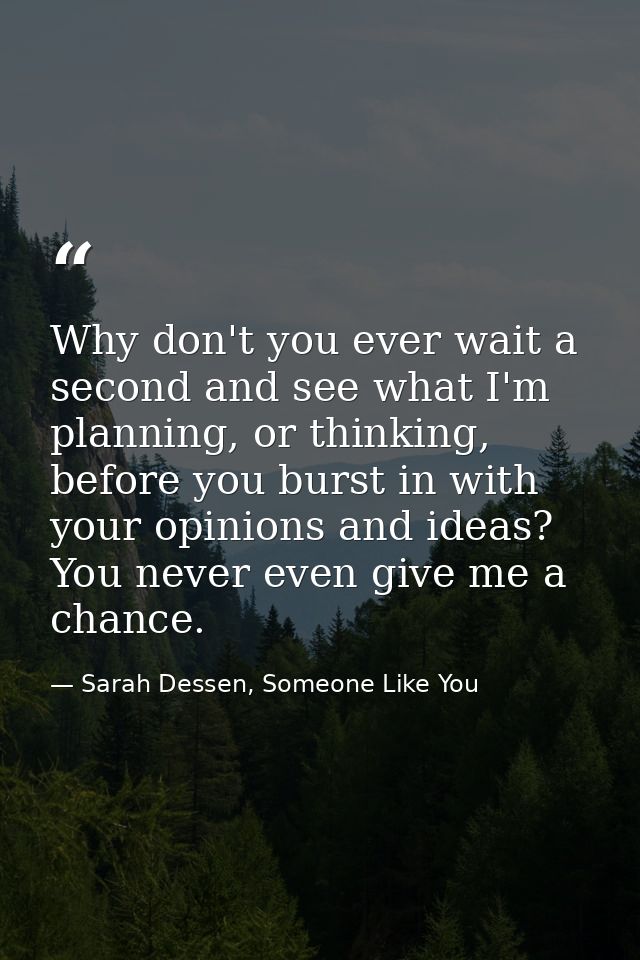 Why don't you ever wait a second and see what I'm planning, or thinking, before you burst in with your opinions and idea — Sarah Dessen, Someone Like You