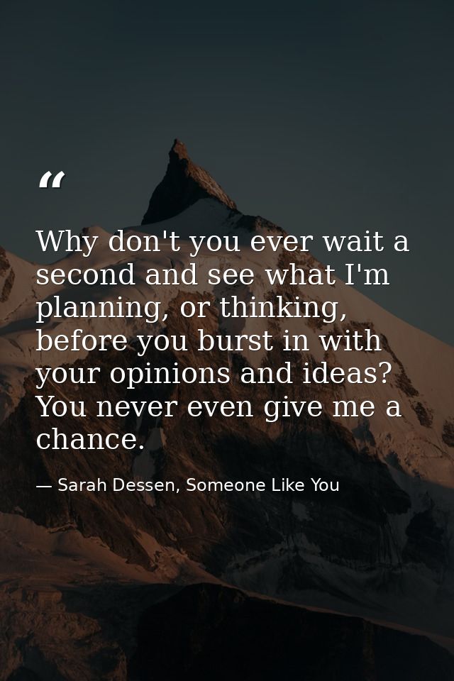 Why don't you ever wait a second and see what I'm planning, or thinking, before you burst in with your opinions and idea — Sarah Dessen, Someone Like You