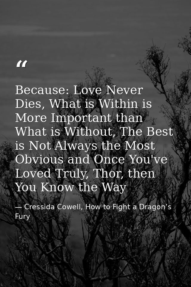 Because: Love Never Dies, What is Within is More Important than What is Without, The Best is Not Always the Most Obvious — Cressida Cowell, How to Fight a Dragon’s Fury