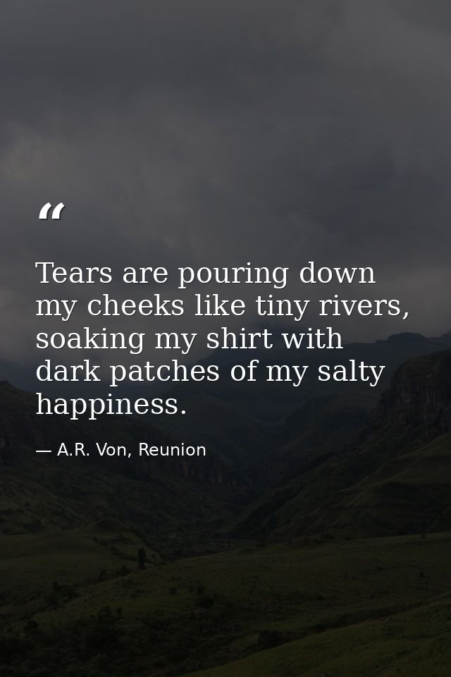 Tears are pouring down my cheeks like tiny rivers, soaking my shirt with dark patches of my salty happiness. — A.R. Von, Reunion