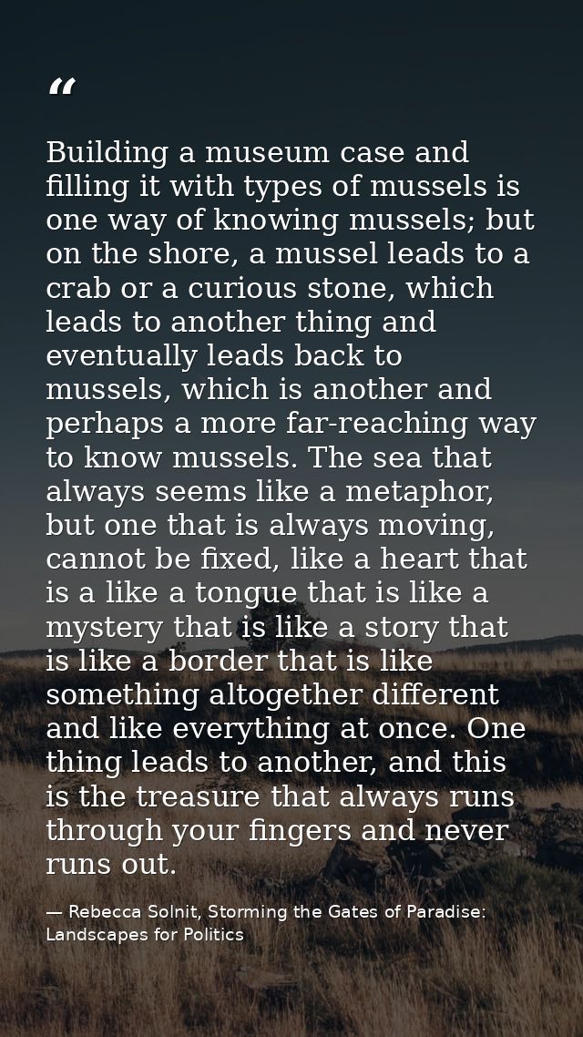 Building a museum case and filling it with types of mussels is one way of knowing mussels; but on the shore, a mussel le — Rebecca Solnit, Storming the Gates of Paradise: Landscapes for Politics