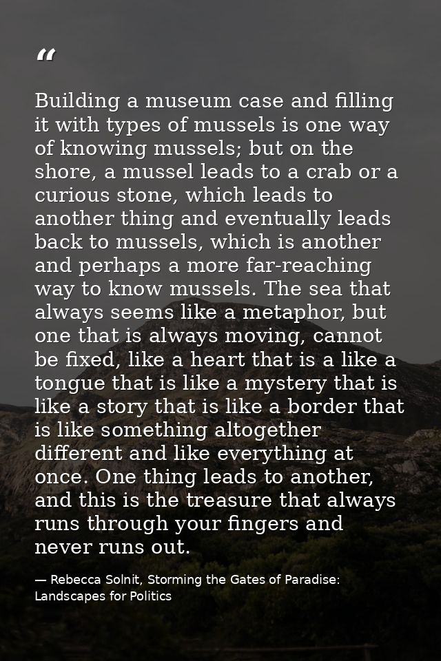 Building a museum case and filling it with types of mussels is one way of knowing mussels; but on the shore, a mussel le — Rebecca Solnit, Storming the Gates of Paradise: Landscapes for Politics