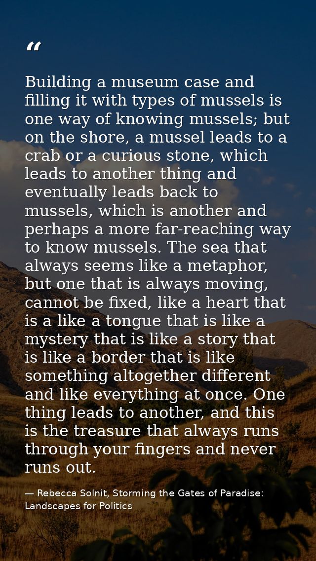 Building a museum case and filling it with types of mussels is one way of knowing mussels; but on the shore, a mussel le — Rebecca Solnit, Storming the Gates of Paradise: Landscapes for Politics