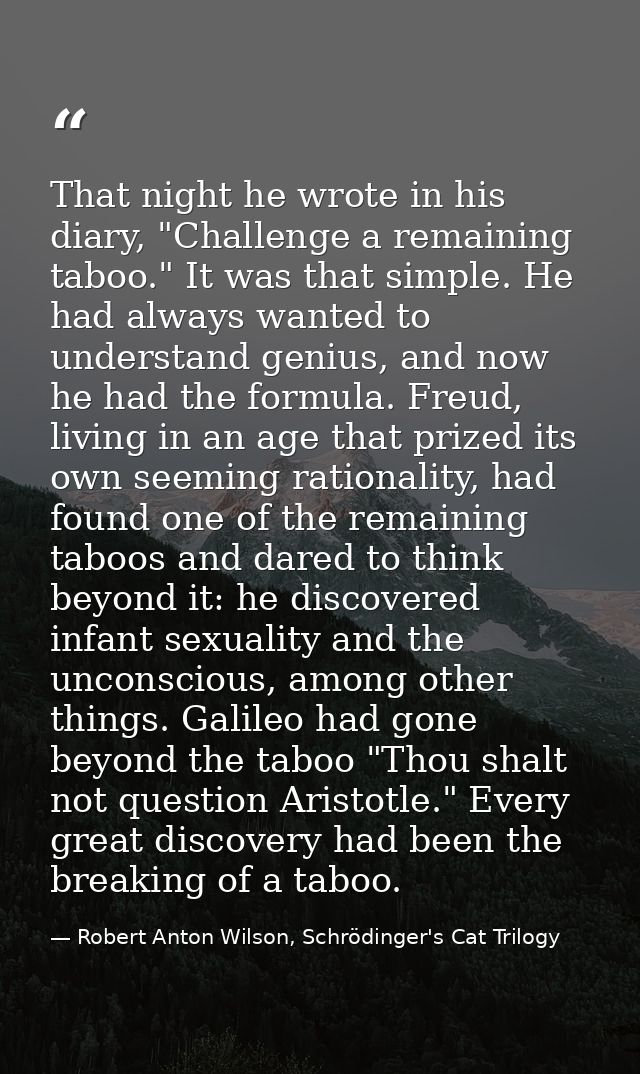 That night he wrote in his diary, "Challenge a remaining taboo." It was that simple. He had always wanted to understand  — Robert Anton Wilson, Schrödinger's Cat Trilogy