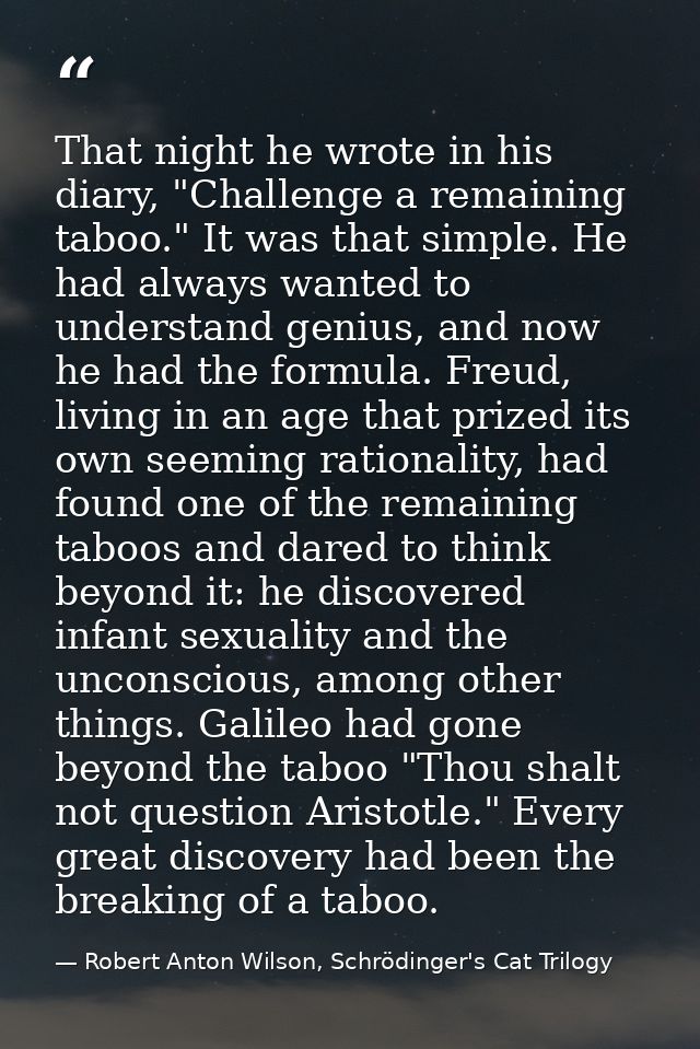 That night he wrote in his diary, "Challenge a remaining taboo." It was that simple. He had always wanted to understand  — Robert Anton Wilson, Schrödinger's Cat Trilogy