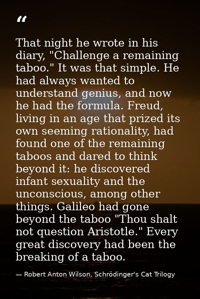 That night he wrote in his diary, "Challenge a remaining taboo." It was that simple. He had always wanted to understand  — Robert Anton Wilson, Schrödinger's Cat Trilogy