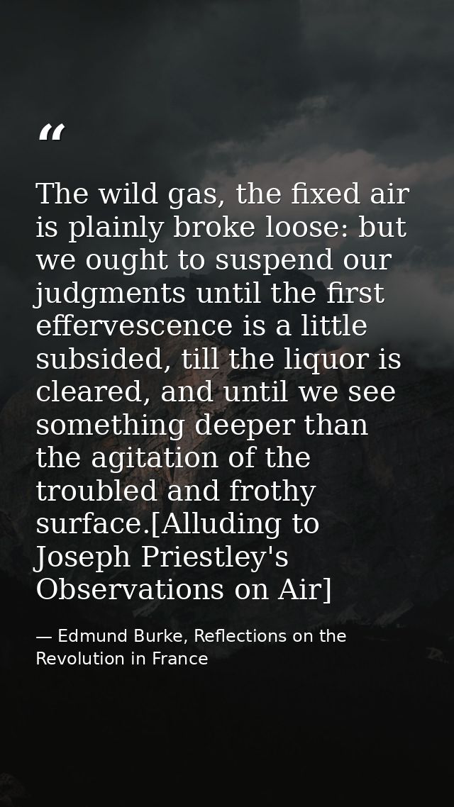 The wild gas, the fixed air is plainly broke loose: but we ought to suspend our judgments until the first effervescence  — Edmund Burke, Reflections on the Revolution in France