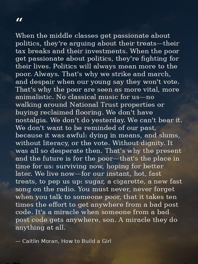 When the middle classes get passionate about politics, they're arguing about their treats—their tax breaks and their inv — Caitlin Moran, How to Build a Girl