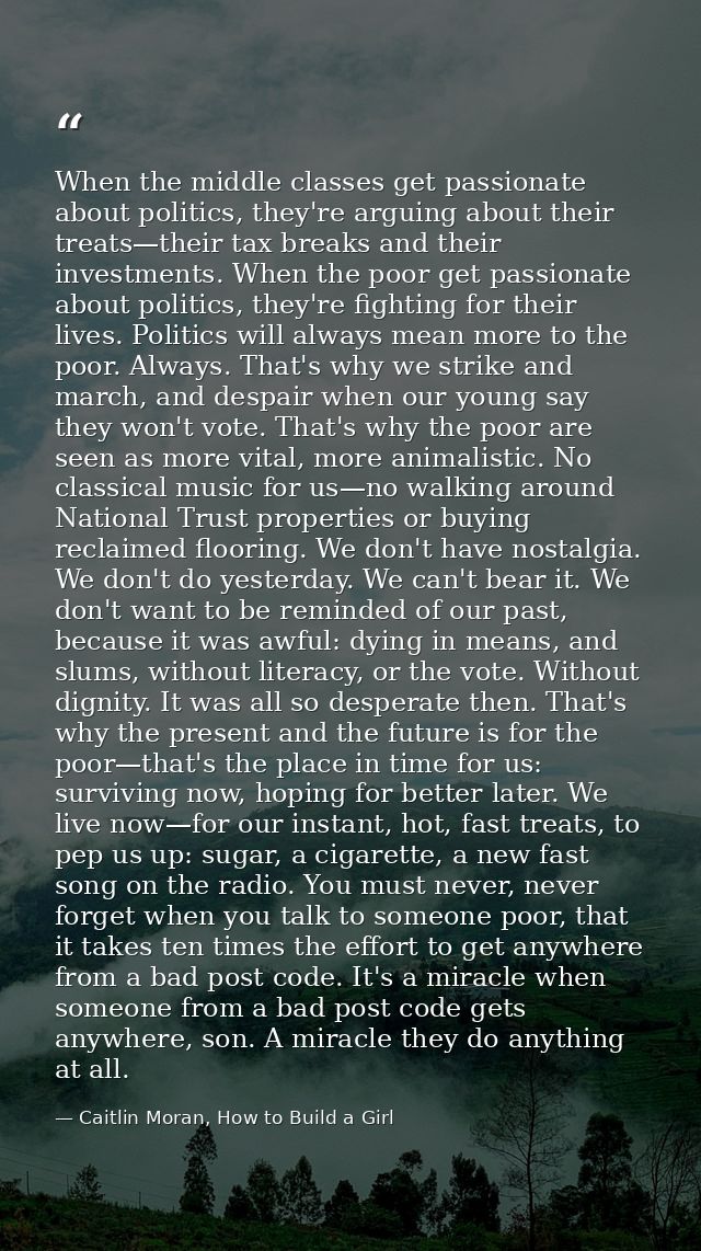 When the middle classes get passionate about politics, they're arguing about their treats—their tax breaks and their inv — Caitlin Moran, How to Build a Girl
