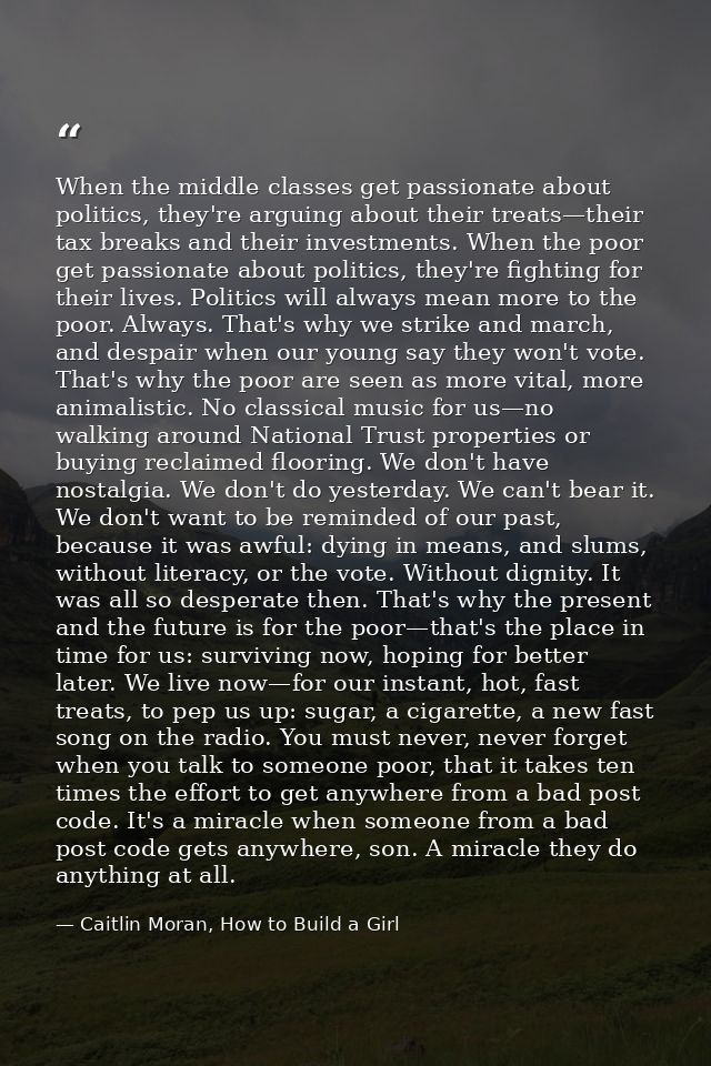 When the middle classes get passionate about politics, they're arguing about their treats—their tax breaks and their inv — Caitlin Moran, How to Build a Girl