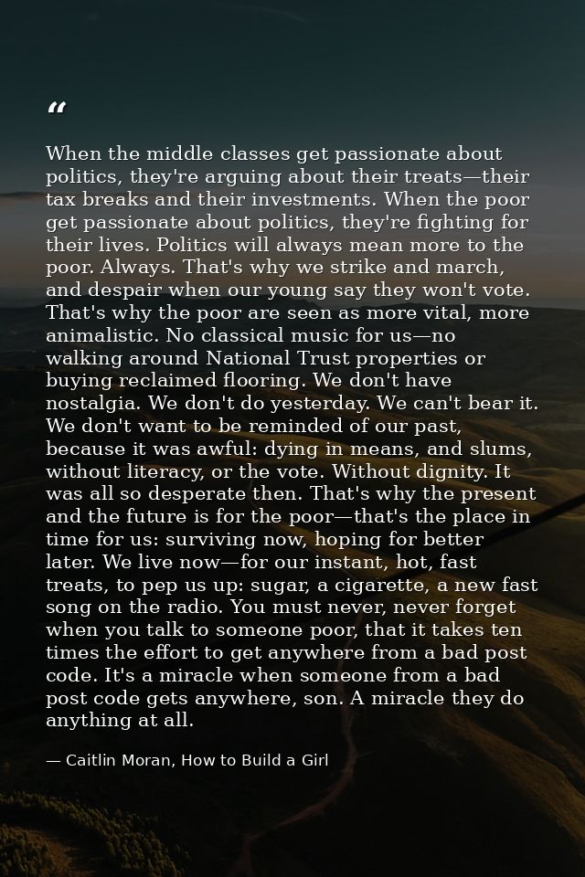 When the middle classes get passionate about politics, they're arguing about their treats—their tax breaks and their inv — Caitlin Moran, How to Build a Girl