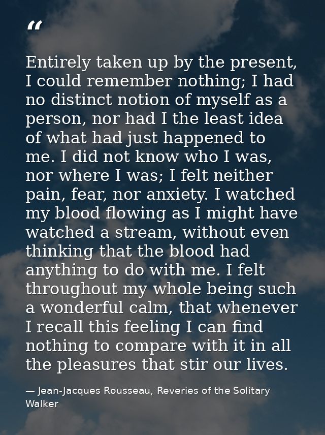 Entirely taken up by the present, I could remember nothing; I had no distinct notion of myself as a person, nor had I th — Jean-Jacques Rousseau, Reveries of the Solitary Walker