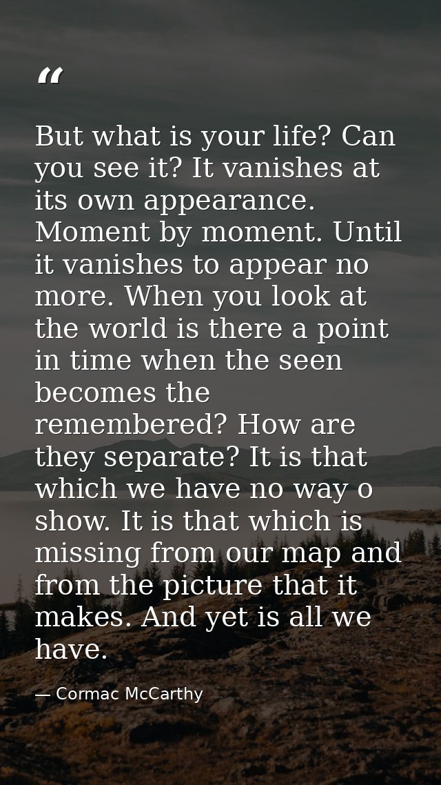 But what is your life? Can you see it? It vanishes at its own appearance. Moment by moment. Until it vanishes to appear  — Cormac McCarthy